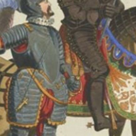 Antique Print of Suits of Armour on a Horse, 1842, close-up 1