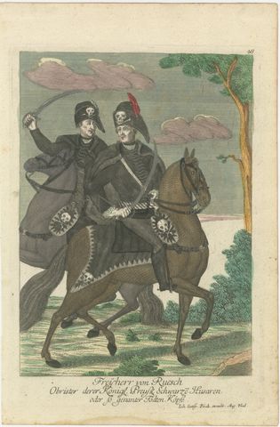 Death's Head Skull Hussars, Freiherr von Ruesch, Hand-Colored Engraving, c.1750