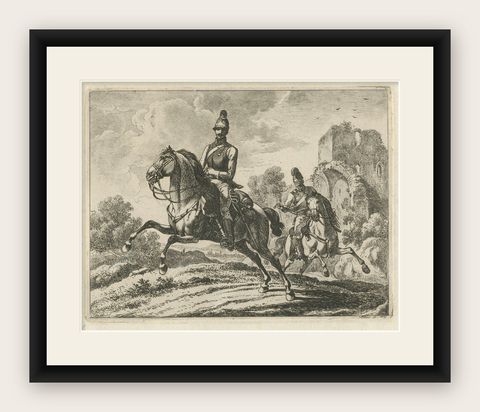 Original Engraving of Austrian Soldiers on Horseback, 1812, shown framed