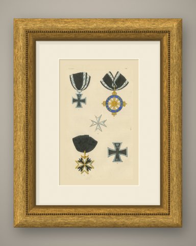 Orders of Prussia, Pour le Mérite Badge and Crosses, Plate LXI, 1844, shown framed