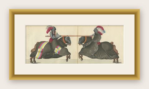 19th-Century Hand-Coloured Knights Jousting in Ornate Black Caparisons, shown framed