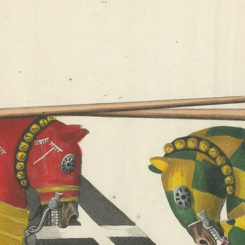 19th-Century Hand-Coloured Lithograph of Jousting Gentlemen in Vibrant Attire, close-up 6
