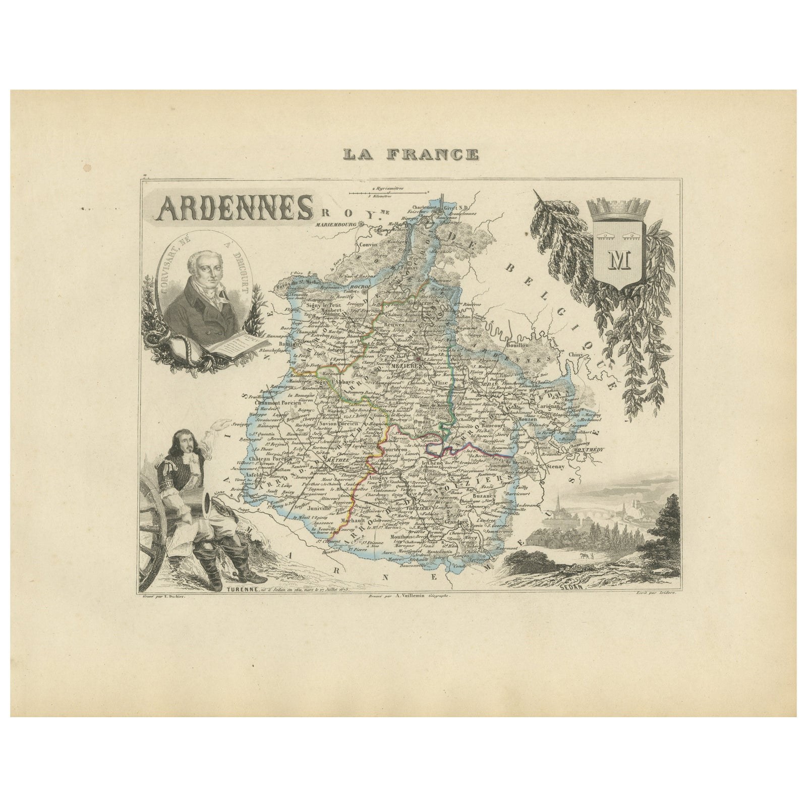 Map of Ardennes France with Sedan and Military History by Vuillemin, c.1850