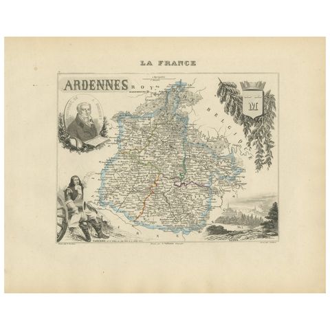 Map of Ardennes France with Sedan and Military History by Vuillemin, c.1850