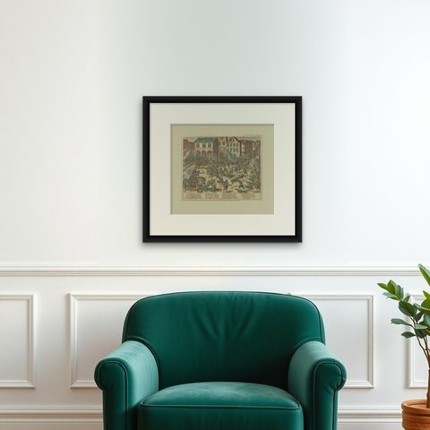 Antique Print of the Battle with Troops of William of Orange in Amsterdam, shown framed on a wall
