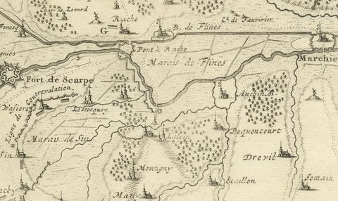 Detailed 1720s Map, Siege of Douay and Lines of Circumvallation, France, close-up 1