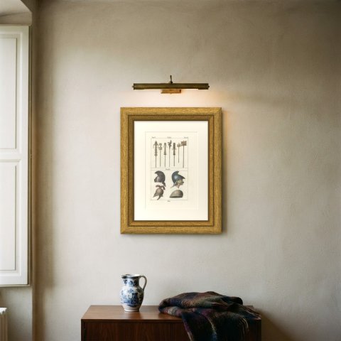 Roman Military Standards and Crested Helmets, Hand Colored Lithograph, 1842, shown framed on a wall