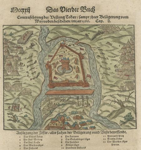 Print of the Fortress Julaof Tokay, Hungary, Surrounded by Turkish Troops, c1580, close-up 1