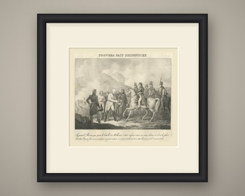 General Provera Surrenders after Millesimo, Antique Madou Lithograph, 1827, shown framed