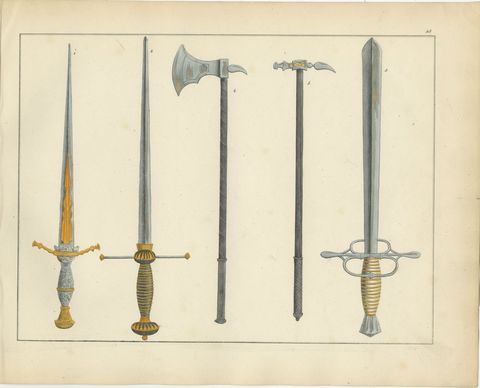19th-Century Hand-Coloured Lithograph of Swords, Axes, and War Hammers, view 2