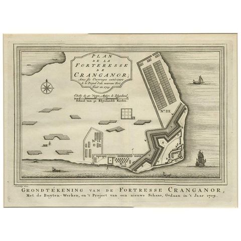 Antique Print of the Fortress Cranganor near Kodungallur in India, 1757