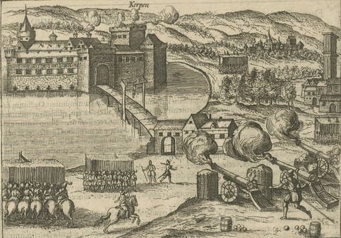 Siege of Kerpen under Duke of Parma, Original Engraving from Baudartius, 1616, close-up 2
