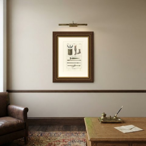 Ancient Shields, Footwear and Offensive Weapons, Hand Colored Lithograph, 1842, shown framed on a wall