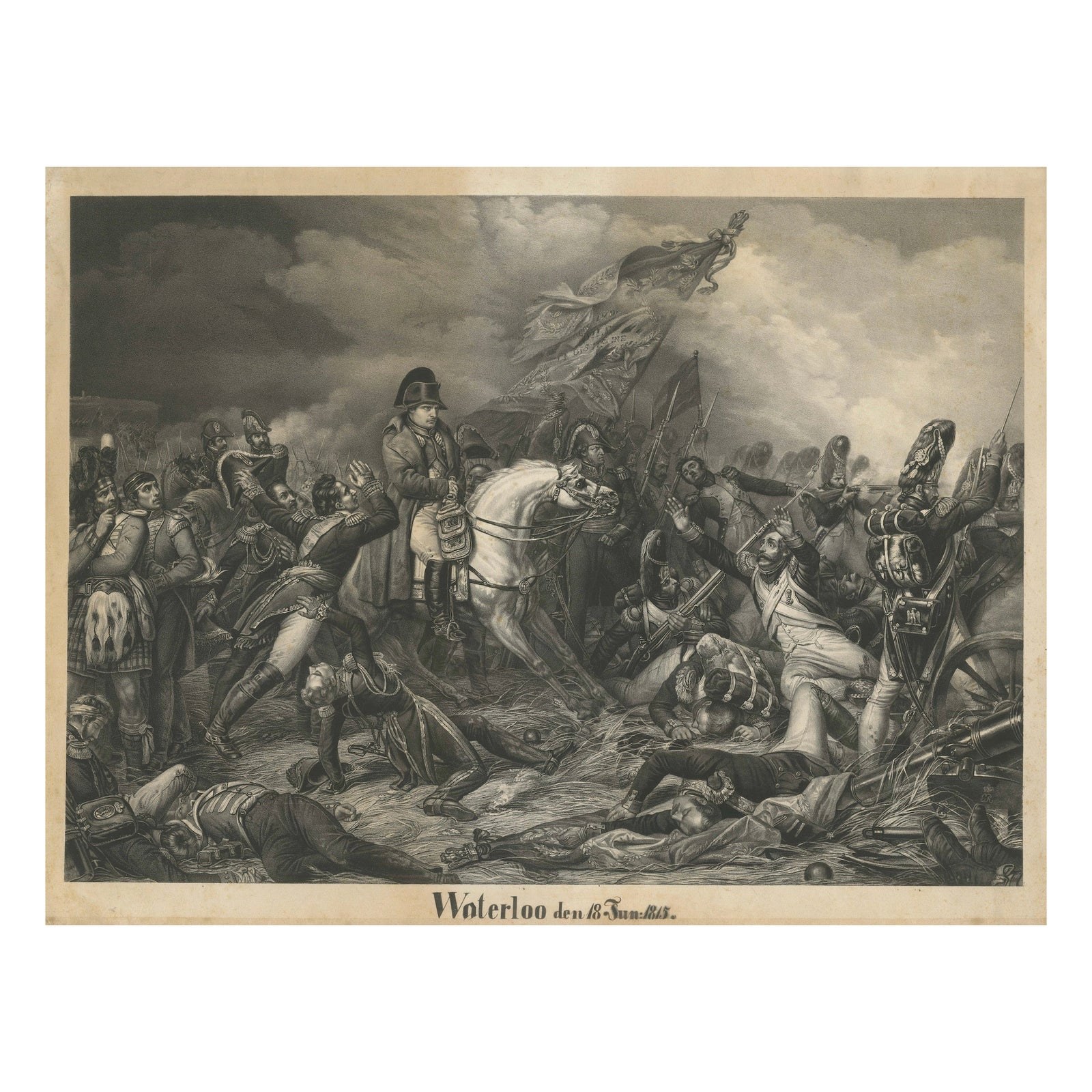 Large Mezzotint of Napoleon at the Battle of Waterloo German Print, c1850