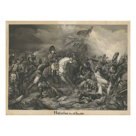 Large Mezzotint of Napoleon at the Battle of Waterloo German Print, c1850