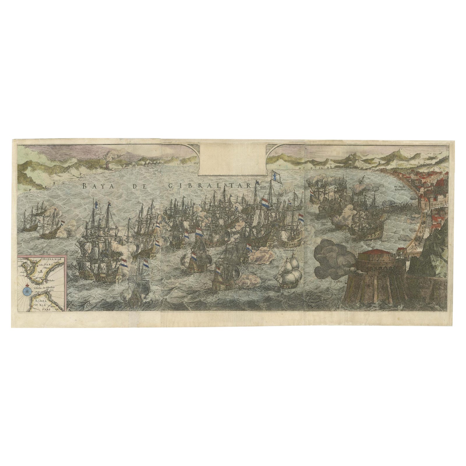 Rare Large 1650 Copper Engraving Depicting the Naval Battle of Gibraltar, 1607
