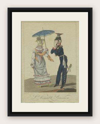 Two Hundred Year Old Engraving of a Prussian Soldier and a Lady, 1815, shown framed
