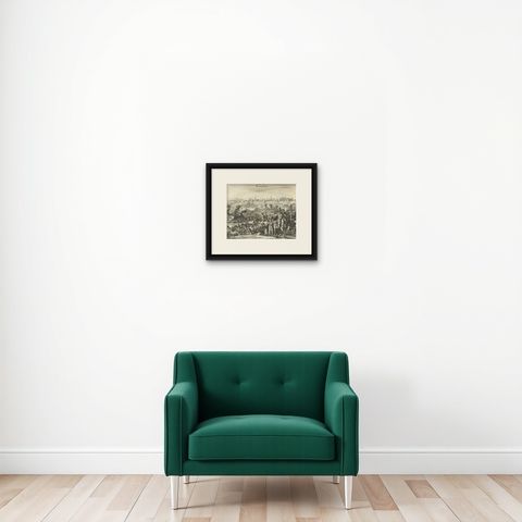 Antique Print of The Siege of Baghdad, Irag, 1680, shown framed on a wall