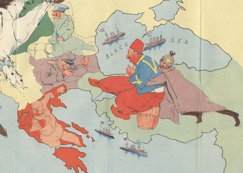 WWI Satirical Cartoon Map: 'Kill That Eagle' by J.H. Amschewitz, 1914, close-up 2