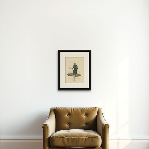 Genuine Antique Print of a Knight Armed with A Martel in Old Hand-Coloring, 1842, shown framed on a wall
