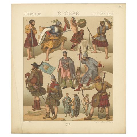 Pl. 150 Antique Print of Scottish Military Outfits by Racinet, 'circa 1880'
