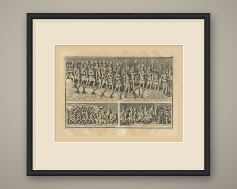 Roman Army Crossing a Bridge of Boats, Trajan's Column, Montfaucon, 1722, shown framed