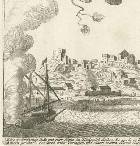 Milazzo (Melazzo), Sicily, Siege of 1718, Antique Engraving, circa 1720, close-up 1