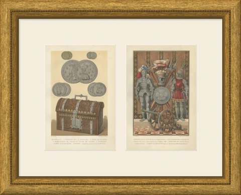 Renaissance Medals and Armor, Pair of Antique French Chromolithographs, 1882, shown framed