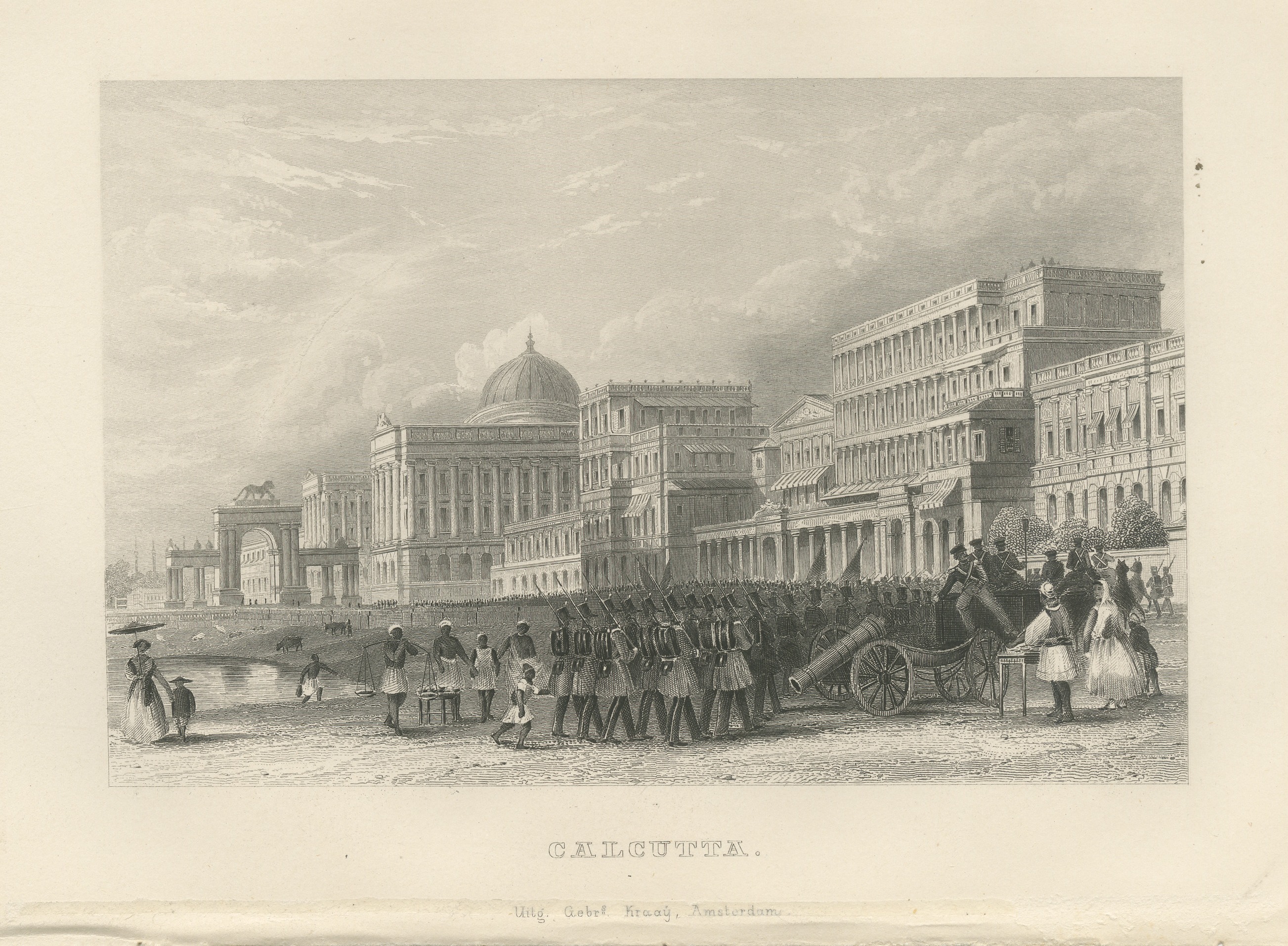 Calcutta, Soldiers and Artillery Before Classical Palaces, Engraving, 1859
