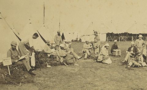 British Army Camp Scenes, Highland and Queen’s Regiments, 19th Century Pair, close-up 1