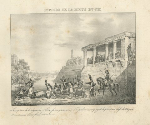 Cutting the Dyke of the Nile, Cairo, Antique Madou Lithograph, 1827