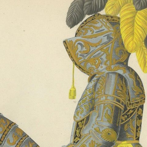 Knight in Full Tournament Armor on an Elaborately Caparisoned Horse, 1842 Litho, close-up 6