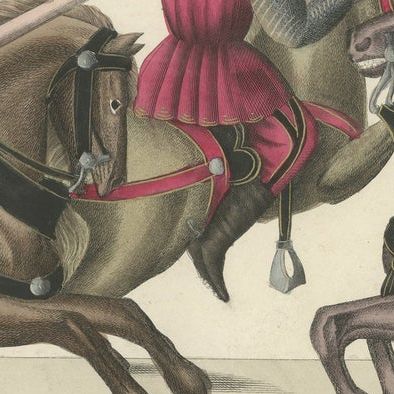 19th-Century Hand-Coloured Lithograph of Mounted Combat with Spear and Sword, close-up 3
