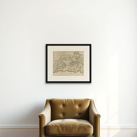 Antique Plan of the Siege of the Castle of Cardona in 1714, shown framed on a wall