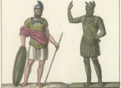 Roman Soldier, General and Cavalry Reliefs, Hand Colored Lithograph, 1842, close-up 1