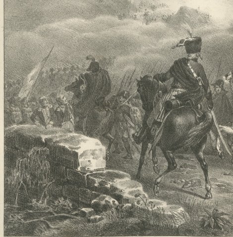 Combat of Tarvis, Battle above the Clouds, Antique Madou Lithograph, 1827, close-up 1