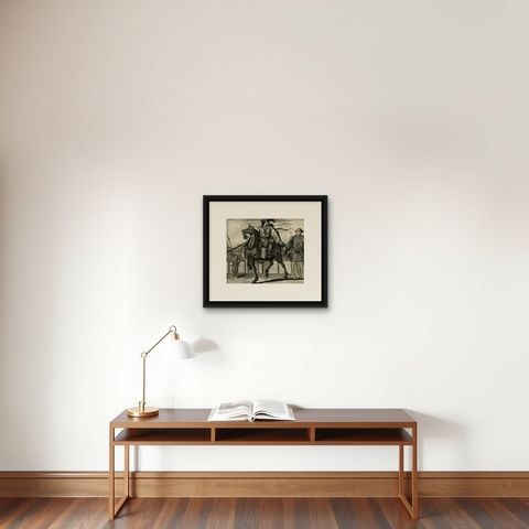 Two Original Japanese Engravings on One Sheet, Soldiers & a Priest, 1669, shown framed on a wall
