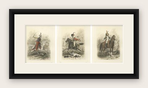 Napoleonic Battle Cavalry, Mameluke, Chasseur, and Empress Dragoon, 1859, shown framed