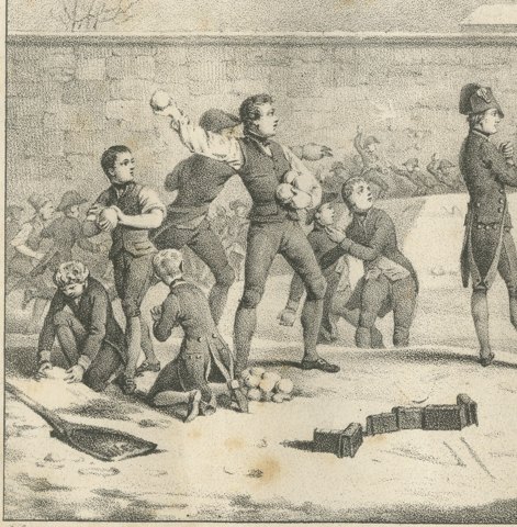 Napoleon's Snow Fort at Brienne, Antique Madou Lithograph, 1827, close-up 1
