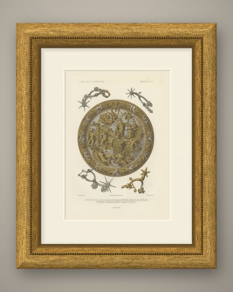 Shield of the Discovery of America, Madrid Armory, Antique Print, 1851, shown framed