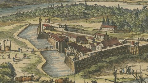 Fort Caroline in Florida, Montanus Engraving, Early America View 1671, close-up 2