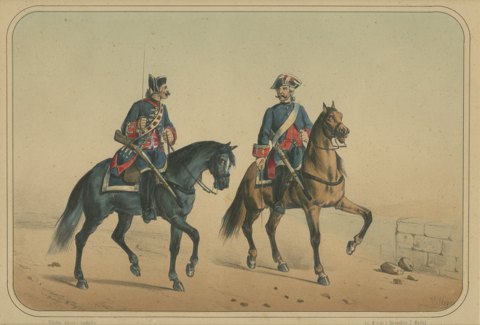 Two Spanish Cavalrymen in Tricorns, Lithograph by Villegas, Madrid, 1861