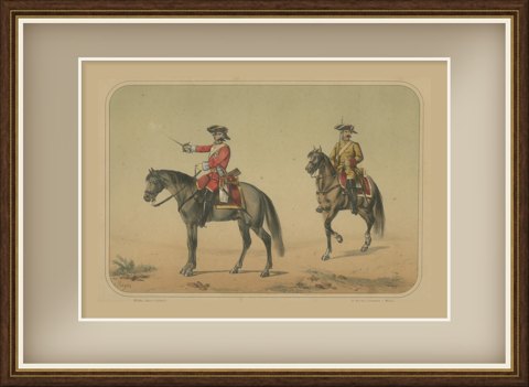 Two Spanish Cavalry Officers in Tricorn Hats, Villegas Lithograph, Madrid, 1861, shown framed
