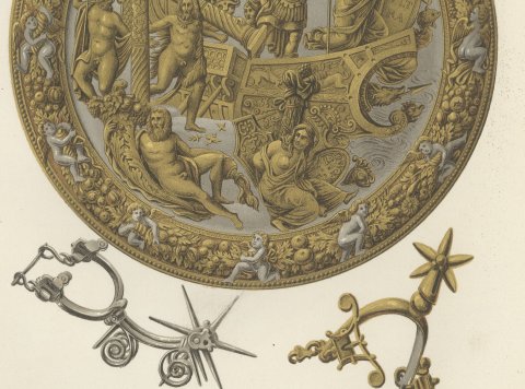Shield of the Discovery of America, Madrid Armory, Antique Print, 1851, close-up 2