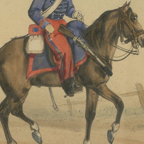 Spanish Cavalry Lithograph by José Rubio y Villegas: Cuirassier and Lancer, 1861, close-up 3