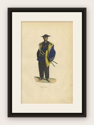 Antique Print of a Japanese Soldier Carrying Swords, 1843, shown framed