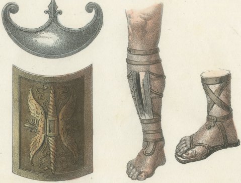 Ancient Shields, Footwear and Offensive Weapons, Hand Colored Lithograph, 1842, close-up 1