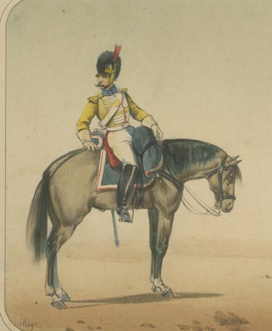 Spanish Cavalry Troopers in Bearskin Cap and Crested Helmet, Villegas, 1861, close-up 1
