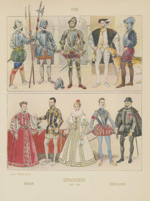 Renaissance Spain Costume & Armour Print, 1880 Chromolithograph by Tilke, close-up 3
