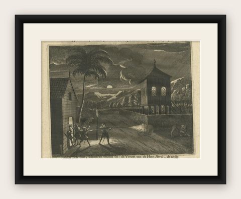 Antique Print of Dutch Guards and a Tiger by Valentijn, 1726, shown framed